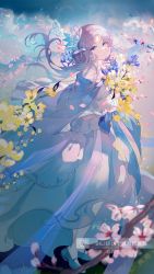 Rule 34 | 1girl, bare shoulders, blue bow, blue dress, blue eyes, blue flower, blue footwear, blurry, bow, branch, cherry blossoms, chinese text, cloud, depth of field, dress, flower, fre (haochilanzuo), hair flower, hair ornament, high heels, highres, long dress, long hair, looking at viewer, multicolored background, multicolored clothes, multicolored dress, original, pink flower, pumps, purple hair, smile, solo, watermark, white dress, wind, yellow flower