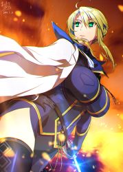 Rule 34 | 1girl, 2018, ahoge, artist name, artoria pendragon (fate), artoria pendragon (lancer) (fate), belt, black gloves, blonde hair, braid, breasts, cape, commentary request, cowboy shot, dated, embers, epee, fate/grand order, fate (series), french braid, gloves, green eyes, hair between eyes, highres, holding, holding sword, holding weapon, large breasts, mattari yufi, sidelocks, solo, sword, thighhighs, upper body, weapon, zettai ryouiki