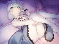 Rule 34 | 1girl, aqua eyes, blue skirt, blush, bow, breasts, frilled skirt, frills, gloves, hair between eyes, heart, heart-shaped pillow, hugging own legs, long hair, long sleeves, looking at viewer, low twintails, lying, on back, original, pantyhose, parted lips, pillow, pokachu, skirt, small breasts, solo, thighs, twintails, white background, white gloves, white pantyhose