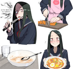 Rule 34 | 1girl, apron, bags under eyes, black hair, black serafuku, blush, carrot, chopping, commentary, cup, curry, cutting board, drinking glass, english text, engrish text, food, hardboiled egg, highres, holding, holding knife, jimiko, knife, licking, licking blade, long hair, ohasi, original, pig print, pink apron, ranguage, red eyes, school uniform, serafuku, shrimp, simple background, smile, spoon, symbol-only commentary, tongue, water, white background, yandere