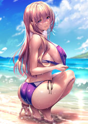 Rule 34 | 1girl, ass, bare arms, barefoot, beach, bikini, bikini pull, blue sky, blurry, blurry background, blush, breasts, clothes pull, cloud, cloudy sky, commentary request, dark-skinned female, dark skin, from behind, full body, grin, hair between eyes, hanikami kanojo, head tilt, heel up, highres, kurumi shinoha, large breasts, long hair, looking at viewer, looking back, mole, mole under mouth, ocean, orange hair, parted lips, piromizu, purple eyes, raised eyebrows, sand, shiny clothes, side-tie bikini bottom, sideboob, sky, smile, solo, squatting, string bikini, sunlight, swimsuit, tan, tanline, tiptoes, wet