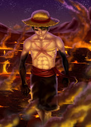 Rule 34 | 1boy, abs, bite mark, black hair, clenched hand, fighting stance, hat, hat over eyes, highres, male focus, lava, monkey d. luffy, muscular, night, night sky, one piece, outdoors, sash, scar, topless male, shorts, sky, smoke, solo, star (symbol), straw hat, walking