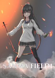 Rule 34 | &gt;:), 1girl, absurdres, apron, battlefield (series), battlefield 1, black hair, black socks, commentary request, flamethrower, full body, highres, isokaze (kancolle), kantai collection, kappougi, kneehighs, long hair, molotov cocktail, parody, pleated skirt, red eyes, single kneehigh, single sock, single thighhigh, skirt, smoke, socks, solo, standing, tanaka keiji, thighhighs, v-shaped eyebrows, weapon