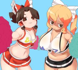 Rule 34 | 2girls, alternate costume, benikurage (cookie), black skirt, blonde hair, blue background, blush, bow, breasts, brown eyes, brown hair, character name, cheerleader, cleavage, closed mouth, clothes writing, commentary request, cookie (touhou), covered erect nipples, cowboy shot, crop top, facial mark, flat chest, frilled bow, frilled hair tubes, frills, hair between eyes, hair bow, hair tubes, hakurei reimu, highres, kirisame marisa, large breasts, lets0020, long hair, looking at viewer, mars (cookie), medium bangs, miniskirt, multiple girls, navel, open mouth, parted bangs, pom pom (cheerleading), pom pom (clothes), red bow, red skirt, ringed eyes, scotch (cookie) (style), shaded face, shirt, short hair, sidelocks, skirt, sleeveless, sleeveless shirt, touhou, whisker markings, white bow, white shirt, yellow eyes