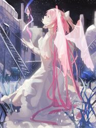 Rule 34 | 1girl, absurdres, bow, building, chinese commentary, commentary request, dress, from side, full body, grass, hair bow, hand on own chest, hands up, highres, kaname madoka, kneeling, ladder, long hair, looking up, mahou shoujo madoka magica, mahou shoujo madoka magica (anime), night, night sky, outdoors, pink eyes, pink hair, profile, sky, solo, star (sky), starry sky, transparent wings, two side up, ultimate madoka, white dress, wings, xinshenger876