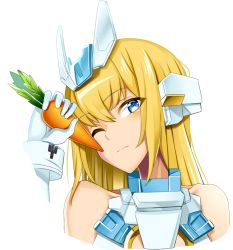 Rule 34 | 1girl, baselard, blonde hair, blue eyes, blush, carrot, closed mouth, commentary request, doko tetora, elbow gloves, food, frame arms girl, gloves, hair between eyes, holding, holding food, leotard, long hair, looking at viewer, one eye closed, shiny skin, simple background, upper body, vegetable, white background, white gloves, white leotard