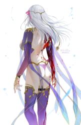 Rule 34 | 1girl, armlet, armor, ass, backless dress, backless outfit, bikini armor, blood, blood on arm, blood on clothes, blood on hands, blood on leg, blood splatter, blood stain, breasts, circlet, collar, detached sleeves, dress, fate/grand order, fate (series), flower, hair ribbon, highres, jewelry, kama (fate), kama (second ascension) (fate), large breasts, long hair, lotus, minoe08, pelvic curtain, purple dress, purple sleeves, purple thighhighs, ribbon, ring, solo, thighhighs, thighlet