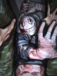 Rule 34 | abs, arm above head, bandaged hand, bandages, black jacket, blood, blood on arm, blood on mask, c2h4 (1849155751), dark, dead by daylight, green pants, grey hoodie, highres, hood, hoodie, jacket, looking at viewer, male focus, pants, pov, pov hands, reaching, reaching towards viewer, spotlight, spread legs, the legion (dead by daylight), upper body