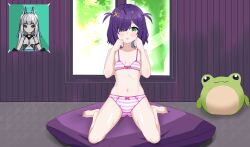 Rule 34 | 1girl, absurdres, belly, blush, blush stickers, bow, bow bra, bow panties, bra, breasts, commission, eien project, floor, frog, green eyes, hair ornament, hair over one eye, hairclip, highres, kiniro tofu, kinirotofu, kneeling, looking at viewer, nanimo navi, navel, one eye covered, open mouth, panties, pillow, pink bra, pink panties, poster (object), purple hair, ribbon, short hair, sitting, small breasts, solo, striped bra, striped clothes, striped panties, underwear, underwear only, virtual youtuber, wall, window, zumi dokumi