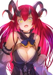 Rule 34 | 1girl, bare shoulders, black choker, blue neckwear, blush, breasts, choker, cleavage, curled horns, demon girl, demon horns, detached sleeves, dress, earrings, fang, gradient hair, grey dress, highres, horns, jewelry, juliet sleeves, koruse, large breasts, long hair, long sleeves, looking at viewer, magrona, magrona channel, multicolored hair, multiple horns, open mouth, pink hair, pointy ears, puffy sleeves, purple hair, simple background, upper body, virtual youtuber, wavy hair, white background, yellow eyes