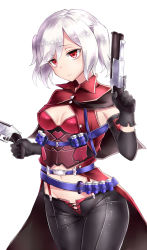 Rule 34 | 1girl, belt, black pants, breasts, bustier, cleavage, commentary request, cropped jacket, dual wielding, elbow gloves, gloves, gun, highres, holding, holding gun, holding weapon, looking at viewer, medium breasts, multiple belts, navel, neit ni sei, original, pants, red eyes, silver hair, solo, tight clothes, tight pants, twintails, waist cape, weapon