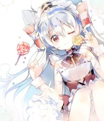 Rule 34 | 10s, 1girl, ;), alternate costume, amatsukaze (kancolle), atsumi jun, beads, bow, bowtie, brown eyes, candy, choker, dress, eyebrows, food, frills, grey hair, hair tubes, headgear, kantai collection, knees up, lollipop, long hair, looking at viewer, maid, maid headdress, one eye closed, ribbon, sleeveless, smile, solo, two side up, white background, wrist cuffs