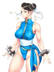 Rule 34 | 1girl, adapted costume, black hair, blue leotard, bracelet, breasts, brown eyes, cameltoe, capcom, chun-li, clothing aside, collarbone, covered erect nipples, double bun, earrings, eyeliner, fingernails, gluteal fold, hair bun, hair ribbon, impossible clothes, impossible leotard, jewelry, large breasts, leotard, looking to the side, pelvic curtain, pelvic curtain aside, red eyeliner, ribbon, sash, short eyebrows, short hair, shu-mai, skin tight, solo, spiked bracelet, spikes, standing, street fighter, street fighter ii (series), swept bangs, thick thighs, thighs