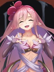 Rule 34 | 1girl, ^ ^, bare shoulders, bikini, black bikini, blush, breasts, bridal gauntlets, cleavage, closed eyes, collarbone, commentary request, duel monster, flower, hair between eyes, hair flower, hair ornament, hands on own chest, highres, long hair, medium breasts, navel, open mouth, pink hair, pointy ears, rafflesia (flower), sidelocks, signature, smile, solo, stomach, swimsuit, traptrix rafflesia, upper body, very long hair, yu-gi-oh!, zephid
