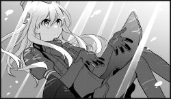 Rule 34 | 1girl, afloat, black border, border, closed mouth, elbow gloves, feet out of frame, gloves, greyscale, hair between eyes, hat, headgear, kantai collection, long hair, looking up, monochrome, niyokichi, pantyhose, pleated skirt, puffy short sleeves, puffy sleeves, short sleeves, skirt, solo, sunlight, u-511 (kancolle), underwater