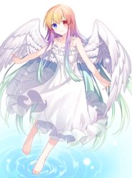 Rule 34 | 1girl, bare arms, bare shoulders, barefoot, blue eyes, blush, brown hair, closed mouth, collarbone, copyright request, dress, feathered wings, full body, gradient hair, green hair, hair between eyes, heterochromia, hijiri (resetter), multicolored hair, purple hair, red eyes, ripples, sleeveless, sleeveless dress, smile, solo, standing, standing on one leg, water, white background, white dress, white wings, wings