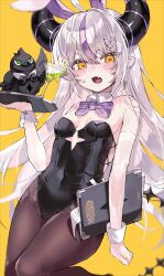Rule 34 | absurdres, animal ears, ascot, bare shoulders, black horns, black leotard, blush, bow, bowtie, braid, braided bangs, crow (la+ darknesss), detached collar, elbow gloves, fake animal ears, fang, gloves, grey hair, highleg, highleg leotard, highres, hololive, horns, kithera, la+ darknesss, leotard, multicolored hair, pantyhose, playboy bunny, pointy ears, purple hair, rabbit ears, rabbit tail, see-through gloves, skin fang, strapless, strapless leotard, streaked hair, striped horns, sweat, tail, virtual youtuber, wrist cuffs