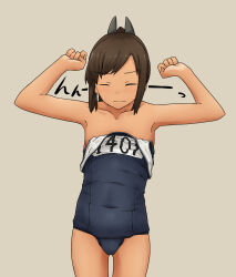 Rule 34 | 1girl, arms up, black hair, blue one-piece swimsuit, chagamaka, clenched hands, closed eyes, clothes pull, collarbone, covered navel, cowboy shot, flat chest, grey background, hair ornament, highres, i-401 (kancolle), kantai collection, one-piece swimsuit, one-piece swimsuit pull, ponytail, simple background, solo, stretching, swimsuit, tan