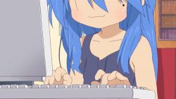 Rule 34 | 00s, :3, animated, animated gif, blue hair, computer, izumi konata, lowres, lucky star, mole, smile, typing