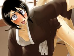 Rule 34 | 1girl, ahegao, arm grab, bent over, black hair, bleach, blush, breasts, censored, cum, doggystyle, drooling, flat chest, fucked silly, game cg, grey eyes, japanese clothes, kuchiki rukia, maten, nipples, no bra, open clothes, open mouth, saliva, sex, sex from behind, solo, sweat, tears, vaginal