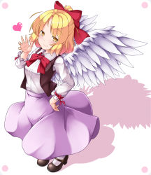 Rule 34 | aka tawashi, angel wings, blonde hair, blouse, bow, bowtie, collared shirt, dutch angle, gengetsu (touhou), hair ribbon, hand on own hip, heart, high heels, highres, long sleeves, looking at viewer, mary janes, red bow, red bowtie, red ribbon, ribbon, shadow, shirt, shoes, simple background, skirt, solo, touhou, touhou (pc-98), vest, white background, white legwear, white shirt, wings, yellow eyes