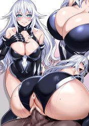 Rule 34 | 1boy, 1girl, absurdres, anus, aqua eyes, ass, black heart (neptunia), blush, bodysuit, breasts, censored, choujigen game neptune, cleavage, closed mouth, collarbone, cowgirl position, dark-skinned male, dark skin, girl on top, gloves, hetero, highres, huge ass, interracial, large breasts, leotard, long hair, looking at viewer, multiple views, neptune (series), noire (neptunia), nyamota, open mouth, penis, pussy, sex, smile, straddling, sweat, vaginal, white hair