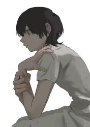 Rule 34 | 1boy, black hair, end80236189, expressionless, from side, grey eyes, highres, male focus, original, pants, profile, shirt, short hair, short sleeves, sitting, white background, white pants, white shirt