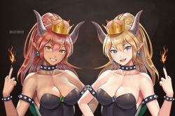 Rule 34 | 2girls, :d, ;d, absurdres, armlet, artist name, aztodeus, aztodio, bare shoulders, black background, black dress, black nails, blonde hair, blue eyes, blue gemstone, bowsette, bracelet, breasts, brown eyes, cleavage, clenched teeth, collar, collarbone, crown, dark-skinned female, dark skin, dress, dual persona, earrings, emerald (stone), female focus, fire, gem, grey horns, grin, hair between eyes, hand up, head tilt, highres, horns, jewelry, large breasts, leotard, lips, long hair, looking at viewer, mario (series), middle finger, multiple girls, nail polish, neck, new super mario bros. u deluxe, nintendo, one eye closed, open mouth, ponytail, red hair, shell, side-by-side, slit pupils, smile, solo, spiked armlet, spiked bracelet, spiked collar, spikes, strapless, strapless leotard, super crown, symmetry, teeth, upper teeth only
