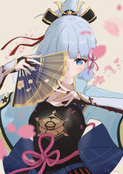 Rule 34 | 1girl, absurdres, armor, ayaka (genshin impact), blue eyes, blue hair, blunt bangs, breastplate, breasts, closed mouth, flower, flower knot, folding fan, genshin impact, gloves, hair ornament, hair ribbon, hand fan, highres, holding, holding fan, japanese armor, japanese clothes, kimono, light blue hair, long hair, long sleeves, looking at viewer, medium breasts, mole, mole under eye, paper fan, petals, ponytail, ribbon, sidelocks, silra-17, skirt, smile, solo, upper body, wide sleeves