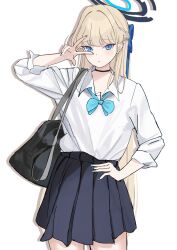 Rule 34 | absurdres, arm up, bag, black bag, black choker, blonde hair, blue archive, blue bow, blue bowtie, blue eyes, blue nails, blue skirt, blunt bangs, blush, bow, bowtie, braid, choker, closed mouth, collared shirt, cowboy shot, dot nose, expressionless, french braid, halo, hand on own hip, highres, long hair, long sleeves, looking at viewer, mechanical halo, nail polish, open collar, pleated skirt, raised eyebrows, school bag, school uniform, shadow, shirt, shirt tucked in, shoulder bag, simple background, skirt, skirt rolled up, sleeves rolled up, tnr (horiko1525), toki (blue archive), v over eye, white background, white shirt