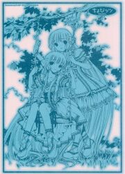 2girls android blue_theme chii chobits clamp_(circle) dress freya_(chobits) frilled_dress frills hair_tubes lolita_fashion long_hair low-tied_sidelocks monochrome multiple_girls official_art platform_footwear robot_ears sweet_lolita traditional_media very_long_hair