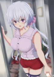 Rule 34 | 10s, 1girl, absurdres, bare shoulders, blurry, blush, breasts, depth of field, door, entrance, hair between eyes, highres, large breasts, long hair, narayu, open mouth, purple eyes, purple hair, red shorts, scrunchie, senki zesshou symphogear, shoes, short shorts, shorts, sleeveless, solo, thighhighs, twintails, very long hair, yukine chris