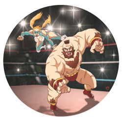 Rule 34 | 1boy, 1girl, beard, blonde hair, brown hair, capcom, chest hair, crowd, evan shiemke, facial hair, highres, looking at viewer, mohawk, rainbow mika, street fighter, street fighter v, twintails, wrestling outfit, wrestling ring, zangief