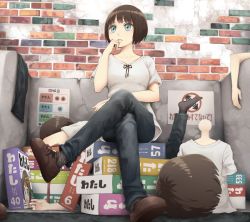 Rule 34 | 1girl, assembling, black pants, blue eyes, bob cut, brick wall, brown footwear, brown hair, collarbone, commentary request, crossed legs, disembodied head, disembodied limb, disembodied torso, figure, full body, hand on own chin, hand up, looking away, mannequin, model, original, pants, parted lips, shirt, shoes, short hair, short sleeves, sitting, solo, statue, translation request, white shirt, yajirushi (chanoma)