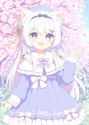 Rule 34 | 1girl, animal ears, blue dress, blue eyes, bow, braid, cat ears, cat girl, cherry blossoms, commission, cowboy shot, dress, grey eyes, hair ornament, hair ribbon, hairband, heterochromia, highres, open mouth, original, purple bow, ribbon, skeb commission, smile, twin braids, tyomimas, variant set, white bow, wings, x hair ornament