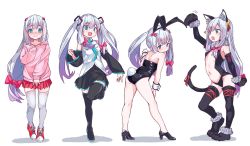 Rule 34 | 1girl, animal ears, aqua eyes, aqua necktie, ass, black leotard, black thighhighs, blush, boots, bow, cat ears, cat tail, center opening, closed mouth, cosplay, detached sleeves, elbow gloves, eromanga sensei, fake animal ears, fake tail, fang, fate/kaleid liner prisma illya, fate (series), gloves, hair bow, hatsune miku, hatsune miku (cosplay), headphones, headset, high heels, highres, hood, hoodie, illyasviel von einzbern (cosplay), izumi sagiri, kittysuit, leotard, long hair, long sleeves, looking at viewer, miniskirt, multiple views, navel, necktie, nontraditional playboy bunny, open mouth, pink bow, playboy bunny, pleated skirt, print hoodie, rabbit ears, rabbit tail, re:ankh (mrsz4523), red skirt, silver hair, simple background, skin fang, skirt, sleeveless, sparkle, standing, strapless, strapless leotard, tail, thigh boots, thighhighs, twintails, variations, very long hair, vocaloid, white background, wrist cuffs