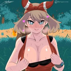 Rule 34 | 1girl, :p, absurdres, blush, breasts, cleavage, creatures (company), game freak, hairband, highres, large breasts, licking lips, looking at viewer, may (pokemon), nintendo, pokemon, pokemon oras, solo, sweat, tank top, tongue, tongue out, upper body