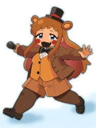 1girl :3 absurdres animal_ears bear_ears bear_girl blue_eyes blush_stickers bow bowtie breasts brown_hair coat commentary_request dark-skinned_female dark_skin extra_ears five_nights_at_freddy&#039;s five_nights_at_freddy&#039;s_2 freckles genderswap genderswap_(mtf) hat highres humanization long_hair minami_(mnm-kyk) open_clothes open_coat open_mouth small_breasts smile solo standing top_hat toy_freddy very_long_hair vest