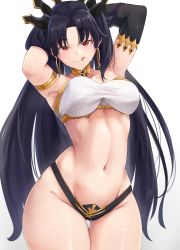 Rule 34 | 1girl, absurdres, armlet, asymmetrical sleeves, bikini, black bikini, black hair, blush, breasts, closed mouth, cromwellb, detached sleeves, earrings, fate/grand order, fate (series), highres, hoop earrings, ishtar (fate), jewelry, licking lips, long hair, looking at viewer, medium breasts, mismatched bikini, navel, neck ring, parted bangs, red eyes, simple background, single detached sleeve, smile, solo, swimsuit, thighs, tiara, tongue, tongue out, two side up, uneven sleeves, white background, white bikini