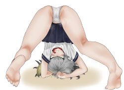 Rule 34 | 1girl, all fours, alternate costume, arm support, ass, bare arms, bare legs, barefoot, black hair, blonde hair, closed mouth, flat ass, from behind, full body, grey hair, hair between eyes, impossible hair, kemono friends, kneepits, long hair, looking at viewer, looking through own legs, makonaru, miniskirt, multicolored hair, no tail, panties, partially visible vulva, pleated skirt, shirt, shoebill (kemono friends), short sleeves, skirt, smell, soles, solo, spread legs, toes, top-down bottom-up, underwear, upside-down, yellow eyes