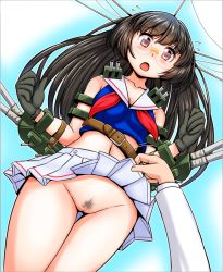 Rule 34 | 10s, 1girl, 1other, :o, belt, black hair, blush, border, cannon, choukai (kancolle), cleft of venus, clothes lift, crop top, dress, dutch angle, female pubic hair, flying sweatdrops, glasses, gloves, kantai collection, long hair, midriff, miniskirt, navel, neckerchief, no panties, open mouth, personification, pleated skirt, pubic hair, purple eyes, pussy, rimless eyewear, sailor dress, school uniform, serafuku, skirt, skirt lift, solo focus, soubee1, thigh gap, uncensored