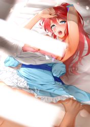 Rule 34 | 1boy, 1girl, arm up, armpits, bad id, bad nicoseiga id, bar censor, bed sheet, blue dress, blue eyes, blush, bra, bra pull, breasts, breasts out, censored, censored nipples, clothes pull, day, dress, freckles, gemini sunrise, hair between eyes, hands on thighs, hetero, highres, implied sex, kitagawa onitarou, light censor, looking at viewer, lying, medium breasts, missionary, on back, on bed, open mouth, original, pillow, pink bra, ponytail, pyon-kichi (style), red hair, sakura taisen, sakura taisen v, saliva, sex, solo focus, sweat, teeth, underwear, wavy hair