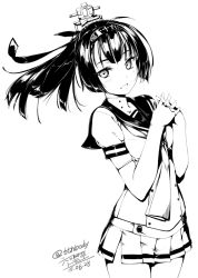 Rule 34 | 10s, 1girl, akizuki (kancolle), black hair, breasts, greyscale, hair ornament, hairband, kantai collection, long hair, looking at viewer, medium breasts, monochrome, pleated skirt, ponytail, rokuwata tomoe, school uniform, serafuku, simple background, skirt, solo, standing, white background