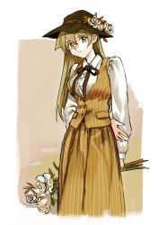 Rule 34 | 1girl, 203wolves, alternate costume, black hat, bouquet, brown eyes, brown hair, brown skirt, brown vest, closed mouth, collared shirt, dress shirt, flower, grey flower, hair between eyes, hat, hat flower, hat ribbon, highres, holding, holding bouquet, long hair, long skirt, long sleeves, looking at viewer, orange ribbon, ribbon, shirt, sketch, skirt, solo, standing, straight hair, striped clothes, striped skirt, striped vest, tenjouin asuka, vertical-striped clothes, vertical-striped skirt, vertical-striped vest, vest, white flower, white shirt, wing collar, yu-gi-oh!, yu-gi-oh! gx