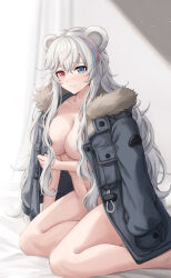 Rule 34 | 1girl, absurdres, animal ears, arknights, black jacket, blue eyes, blue hair, blush, breasts, cleavage, closed mouth, collarbone, commentary, daisy cutter, english commentary, fur trim, heterochromia, highres, jacket, jacket on shoulders, large breasts, long hair, long sleeves, looking at viewer, multicolored hair, navel, open clothes, open jacket, red eyes, red hair, rosa (arknights), smile, solo, streaked hair, thighs, white hair