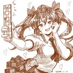 Rule 34 | 1girl, blush, cellphone, checkered clothes, checkered skirt, collared shirt, commentary request, dated, fang, greyscale, hair ribbon, hat, heart, himekaidou hatate, holding, holding phone, medium hair, monochrome, nokimenayu, open mouth, phone, ribbon, shirt, short sleeves, sketch, skirt, smile, solo, taking picture, tokin hat, touhou, twintails