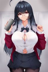Rule 34 | 1girl, ahoge, azur lane, black bow, black bowtie, black hair, black skirt, blurry, blurry background, bow, bowtie, bra, bra peek, breasts, brown pantyhose, button gap, cellphone, cleavage, closed mouth, collared shirt, cowboy shot, crossed bangs, glasses, gluteal fold, hands up, highres, holding, holding own hair, holding phone, huge ahoge, jacket, large breasts, long hair, long sleeves, looking at viewer, miniskirt, navel, official alternate costume, open clothes, open jacket, pantyhose, phone, pleated skirt, red eyes, red jacket, school uniform, shirt, shirt tucked in, showerz, sidelocks, skirt, smartphone, smile, solo, standing, straight hair, taihou (azur lane), taihou (sweet time after school) (azur lane), taut clothes, thigh gap, underwear, white bra, white shirt