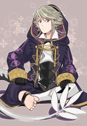 Rule 34 | cloak, corrin (fire emblem), corrin (male) (fire emblem), cosplay, dragon tail, fire emblem, fire emblem fates, highres, looking at viewer, male focus, modantoire, nintendo, red eyes, robin (fire emblem), robin (fire emblem) (cosplay), robin (male) (fire emblem), sitting, solo, spiked hair, tail, white hair