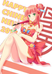 Rule 34 | &gt;:), 1girl, armlet, awakening of celestial, bare shoulders, blue ribbon, blunt bangs, blush, bracelet, breasts, china dress, chinese clothes, chinese new year, cleavage, closed mouth, crossed legs, detached collar, dress, folded fan, folding fan, green eyes, hair bun, hair ornament, hair ribbon, hand fan, holding, holding fan, jewelry, large breasts, looking at viewer, new year, panties, pantyshot, red dress, red hair, red panties, red ribbon, ribbon, sitting, smile, solo, strapless, strapless dress, underwear, v-shaped eyebrows, villyane