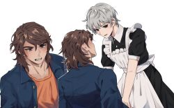 2boys apron blue_jacket blush brown_hair crossdressing elulit2 grey_eyes highres hijiyama_takatoshi jacket juusan_kihei_bouei_ken leaning_forward maid male_focus messy_hair multiple_boys okino_tsukasa open_clothes open_jacket orange_shirt shirt short_hair short_sleeves white_apron white_hair yaoi